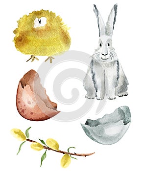 Irf Easter watercolor set of shell, hare, chicken, willow