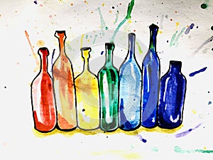 iridescent bright bottles in a watercolor style