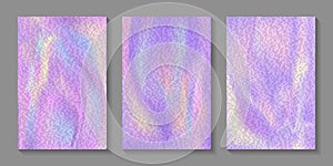 Iridescent covers with foil texture effect. Purple pearlescent holographic neon color, rainbow psychedelic background. Vector