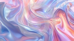 Iridescent Crinkled Fabric with smooth waves. Soft pastel pink, gold, blue background. AI Generated