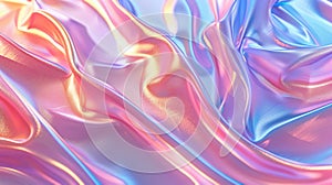 Iridescent Crinkled Fabric with smooth waves. Soft pastel pink, gold, blue background. AI Generated