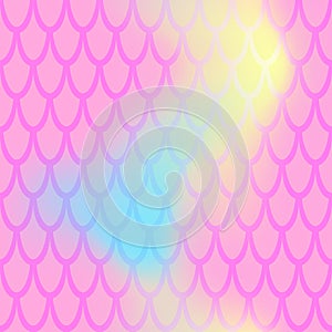 Iridescent fish scale seamless pattern. Pastel pink mermaid background. Fish skin pattern over colorful mesh