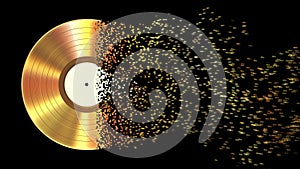 Iridescent gold vinyl disk crumbles into pixels