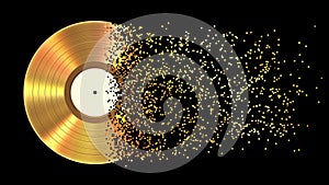 Iridescent gold vinyl disk crumbles into pixels