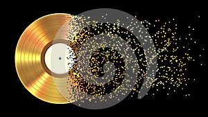 Iridescent gold vinyl disk crumbles into pixels photo
