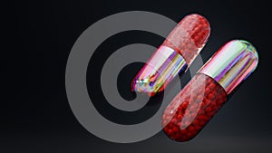 Iridescent grungy metal pill capsule with red granules inside. Futuristic pill background for modern technological