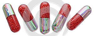 Iridescent grungy metal pill capsule with red granules inside. Futuristic pill set for modern technological medical