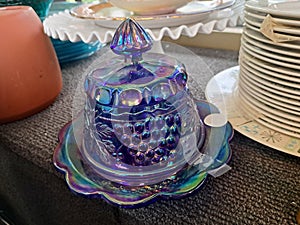 Iridescent Harvest Glass Lidded Container with Grape Pattern, Purple, for Sale in a Thrift Store.