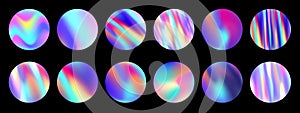 Iridescent holographic circles. Round iridescent fluid color gradients, holo gradient mesh backgrounds vector set