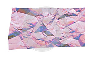 Iridescent holographic crumpled paper with folds texture cut out on white background