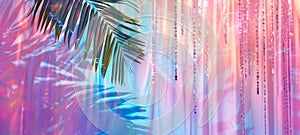 Iridescent palm leaf with vibrant spectrum of colors casting intricate shadows on colorful soft background. Concept of