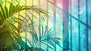 Iridescent palm leaf with vivid spectrum of colors casting intricate shadows on colorful backdrop. Concept of light