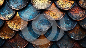 Iridescent pattern of fish scales with shimmering surface closeup