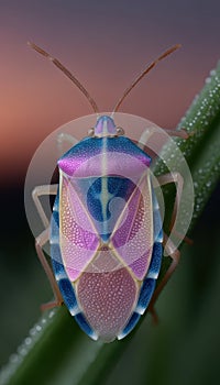 Iridescent shield bug resting on a green plant.