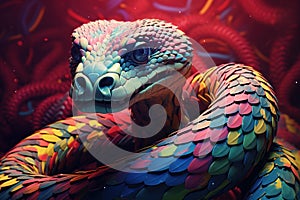 Iridescent Shiny colorful snake in floral nature. Generate ai photo