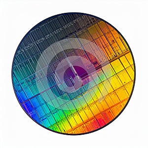 Iridescent Silicon Wafer with Microchips Isolated on White