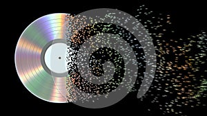 Iridescent silver vinyl disk crumbles into pixels