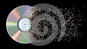 Iridescent silver vinyl disk crumbles into pixels