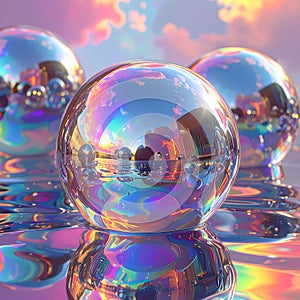 Iridescent Spheres Reflecting a Dreamy Sky