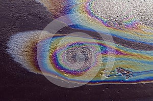 Iridescent spot of gasoline on the pavement