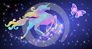 Iridescent unicorn with luxurious winding mane and butterfly against the background of the fantasy universe with sparkling stars