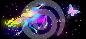 Iridescent unicorn with luxurious winding mane and butterfly against the background of the fantasy universe with sparkling stars