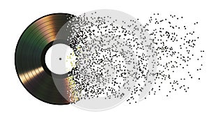 Iridescent vinyl disk crumbles into pixels