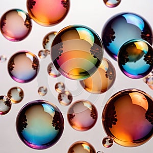 Iridiscent vibrant rainbow bubbles on white background