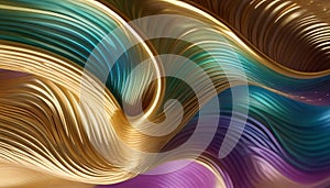 Iridiscent wave golden color 3D material background, AI generated