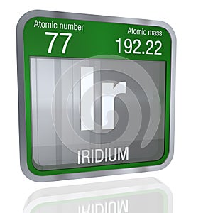 Iridium symbol in square shape with metallic border and transparent background with reflection on the floor. 3D render