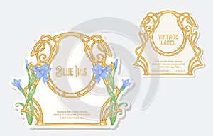 Iris flower. Set of 2 labels, decorative frames, borders.