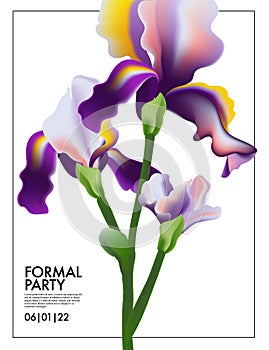 Iris flower wedding card. Irises Blooming floral violet summer plant, nature purple greeting, Save tha date party card. Garden photo