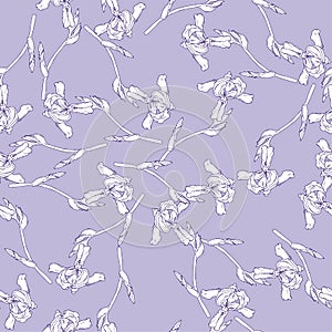 Iris flowers pattern on lilac background. Hand drawn vector illustration.