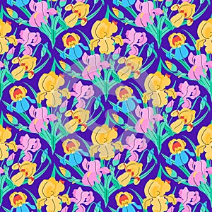 Iris flowers seamless pattern with leaves on blue background. Summer vector bright floral botanical illustration for branding,