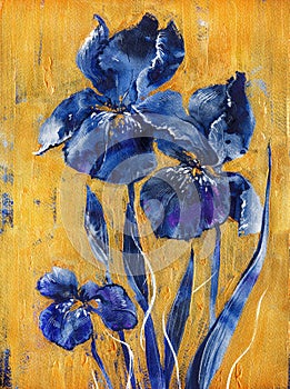 Iris flowers watercolor and acrylic painting. Hand drawn illustration in gold and blue colors