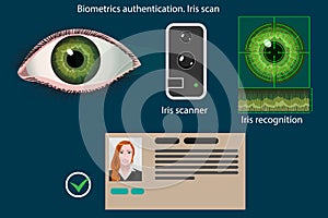 Iris scan - biometric authentication method diagram, vector infographics