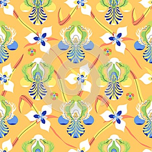 Iris seamless pattern with flower bud and leaves on yellow background. Green, blue, yellow. Summer floral decorative print for