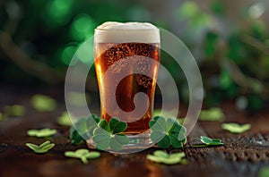 an irish ale is sitting in a glass on top of two green shamrock leaves