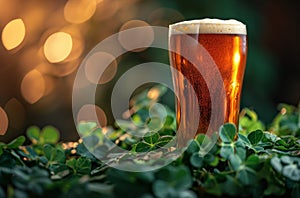 an irish ale is sitting in a glass on top of two green shamrock leaves