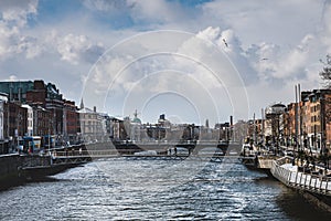 Irish architecture and real estate: View on the River Liffey conveys business, housing issue and financial concept, Dublin