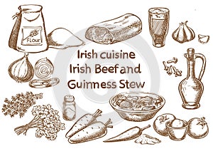 Irish Beef and Guinness stew ingredients. Sketch