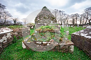 Irish cemetery ruins in countryside of Ireland