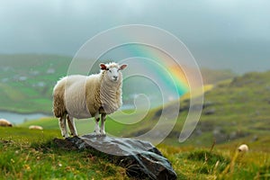 Irish countryside scene with rolling green hills, sheep grazing, and a rainbow stretching across the sky in honor of