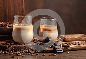 Cream and coffee cocktail in glasses with ice