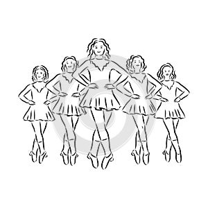 Irish Dance Troupe Jumping Together in Traditional Dresses and Ghillies. Irish dancing vector sketch illustration photo