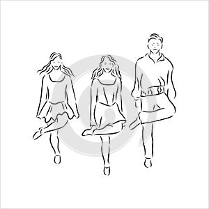 Irish Dance Troupe Jumping Together in Traditional Dresses and Ghillies. Irish dancing vector sketch illustration