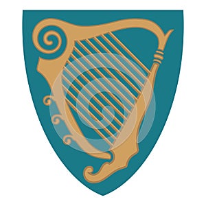 Irish design in vintage, retro style. Harp in Celtic style with ethnic ornament