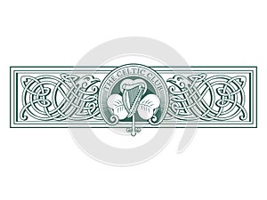 Irish design in vintage, retro style. Harp and clover leaves in Celtic style with ethnic ornament