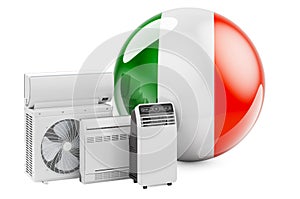 Irish flag with cooling and climate electric devices. Manufacturing, trading and service of air conditioners in Ireland, 3D