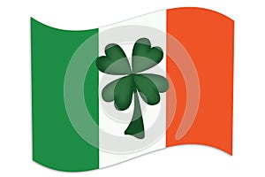 Irish Flag Waving with Green Four Leaf Clover and Small Drop Shadow